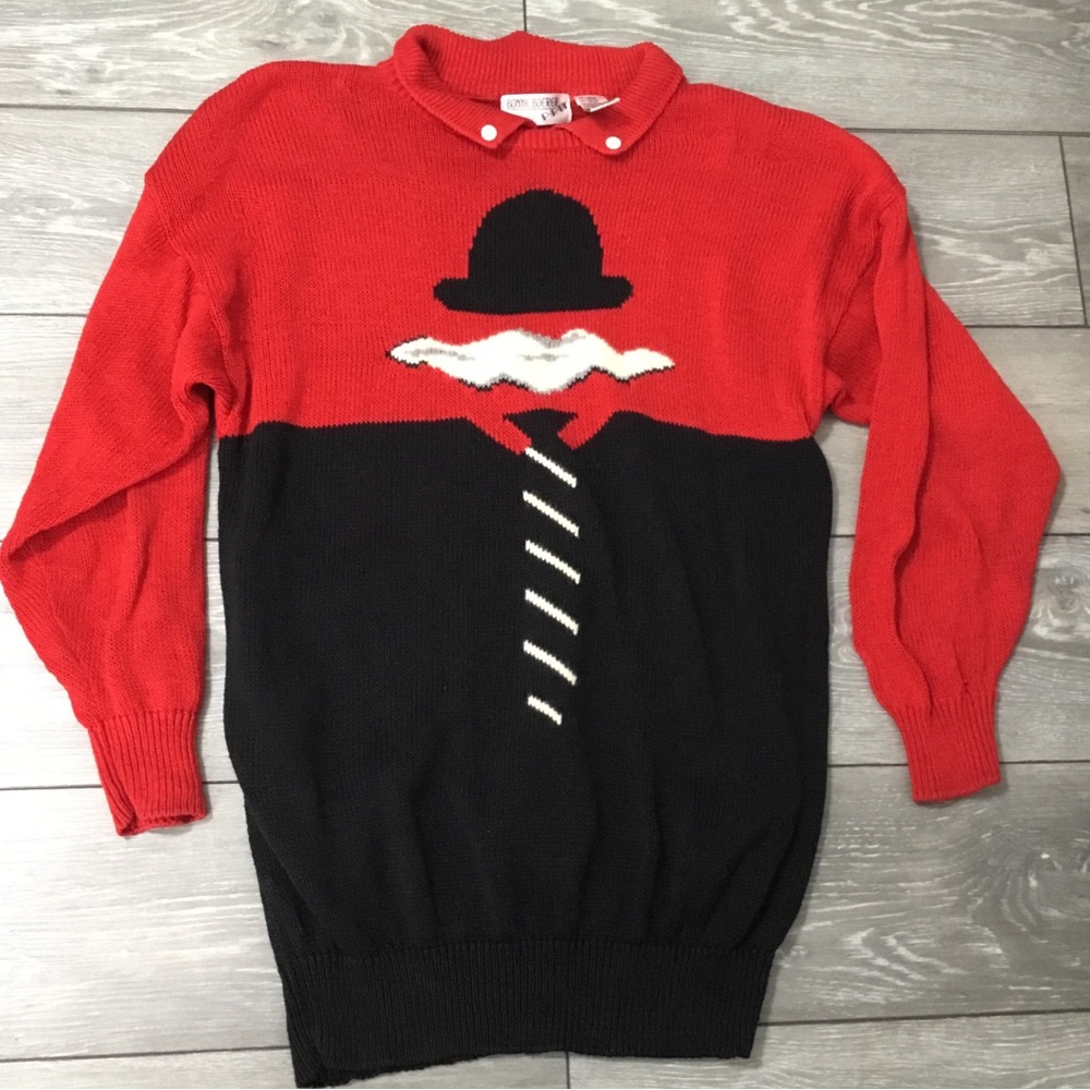 Vintage BONNIE BOERER Sweater Dress Rene Magritte size M Bowler Hat Cloud Tie
